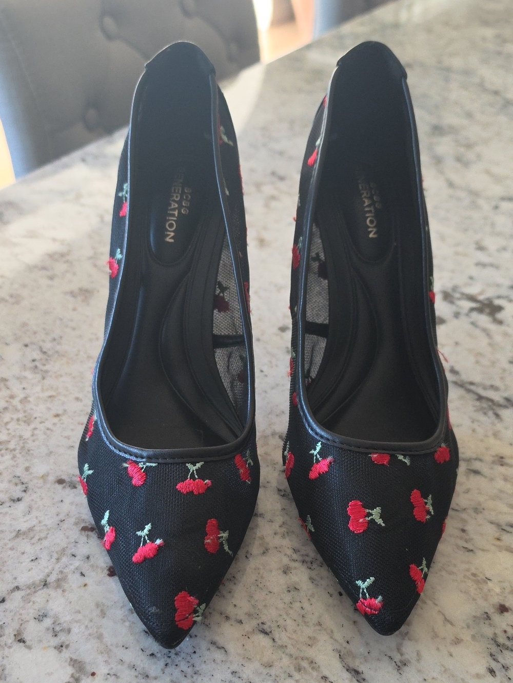 BCBGeneration Black Pointed-Toe Heels with Red Cherry Embroidery